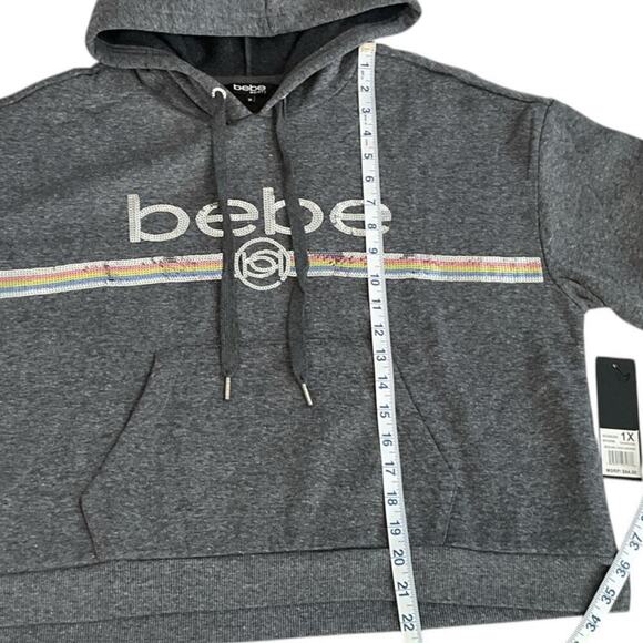Bebe Women's Sequin Logo Hoodie Charcoal BP2350B Large NWT Thumbholes Kangaroo P - Picture 9 of 11